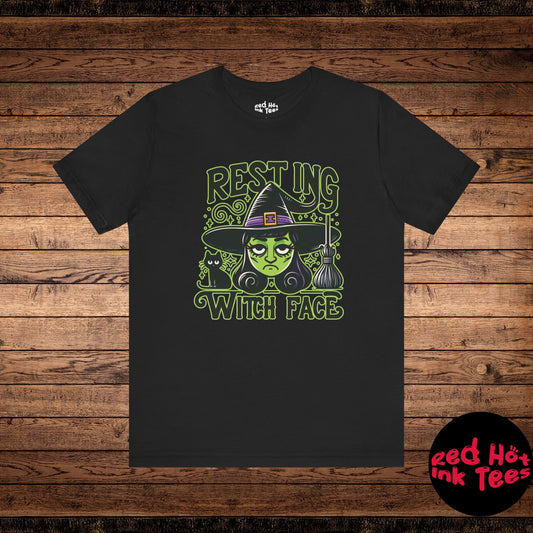 Funny Halloween design featuring a grumpy green-faced witch with the phrase "Resting Witch Face." Perfect for Halloween lovers who enjoy puns and sassy witch humor.