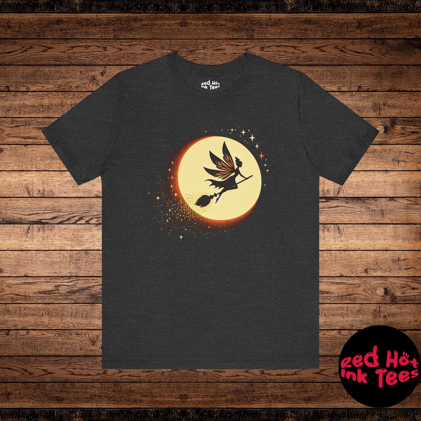 Beautiful Halloween design featuring a fairy witch flying across a glowing full moon with sparkling stardust trailing behind. Perfect for those who love the magical, mystical side of Halloween.