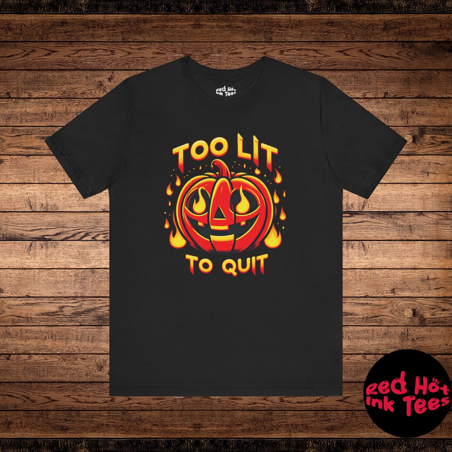 This blazing design features a fiery jack-o'-lantern with the fun phrase "Too Lit to Quit," perfect for those who love the Halloween spirit and want to showcase a bold, fiery attitude. Ideal for festive apparel or decorations during spooky season.