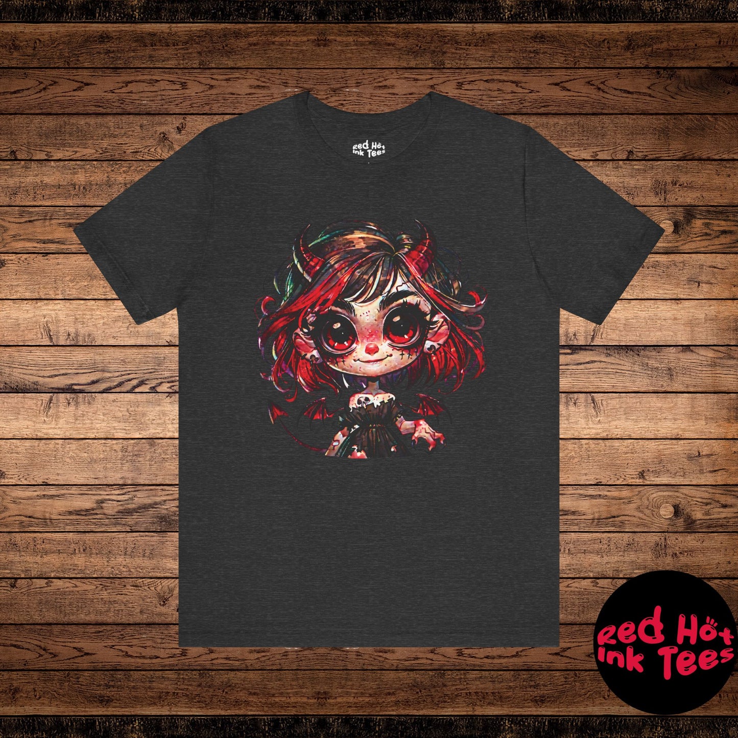 Adorable yet spooky Halloween design featuring a cute demon girl with big eyes, horns, and wings. Perfect for fans of dark fantasy, gothic art, and creepy cute Halloween aesthetics.