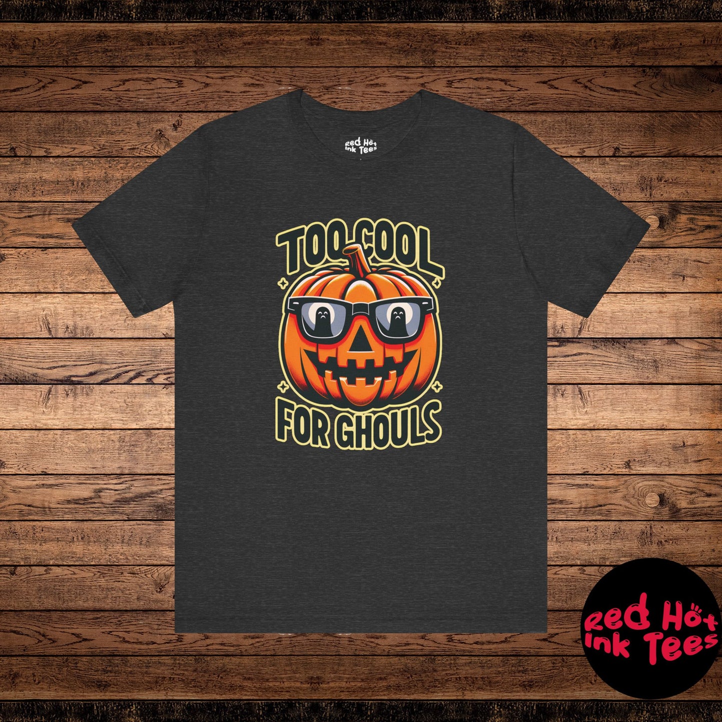 This fun and stylish design features a jack-o'-lantern wearing sunglasses with ghost reflections, alongside the phrase "Too Cool for Ghouls." Perfect for those who love a playful and "cool" twist on traditional Halloween themes. Ideal for spooky season apparel or as a fun Halloween gift.