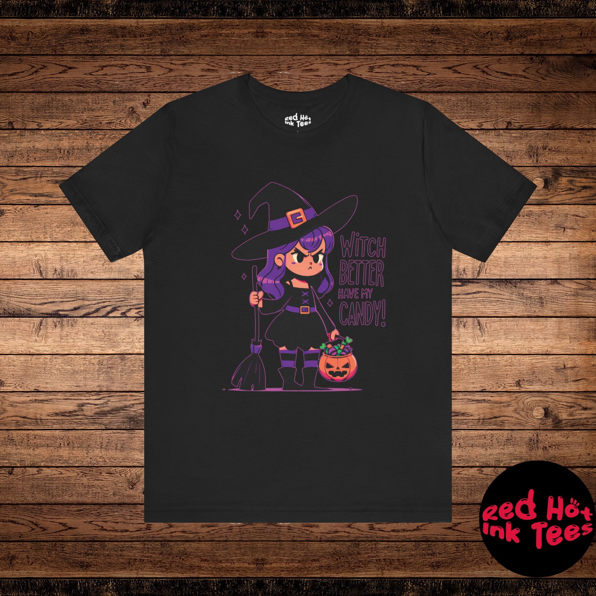 Adorable Halloween cartoon design featuring a sassy purple-haired witch holding a pumpkin candy bucket with the phrase "Witch Better Have My Candy!" Perfect for spooky season, trick-or-treating, and Halloween-themed decorations.