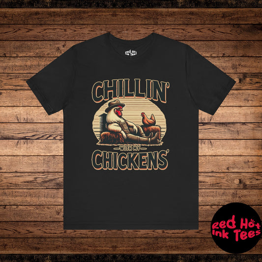 A humorous farm-themed design featuring a laid-back rooster relaxing in a hat and overalls, accompanied by the playful phrase "Chillin' with My Chickens." Perfect for chicken lovers, farmers, and anyone who enjoys a bit of barnyard humor and the laid-back country life.