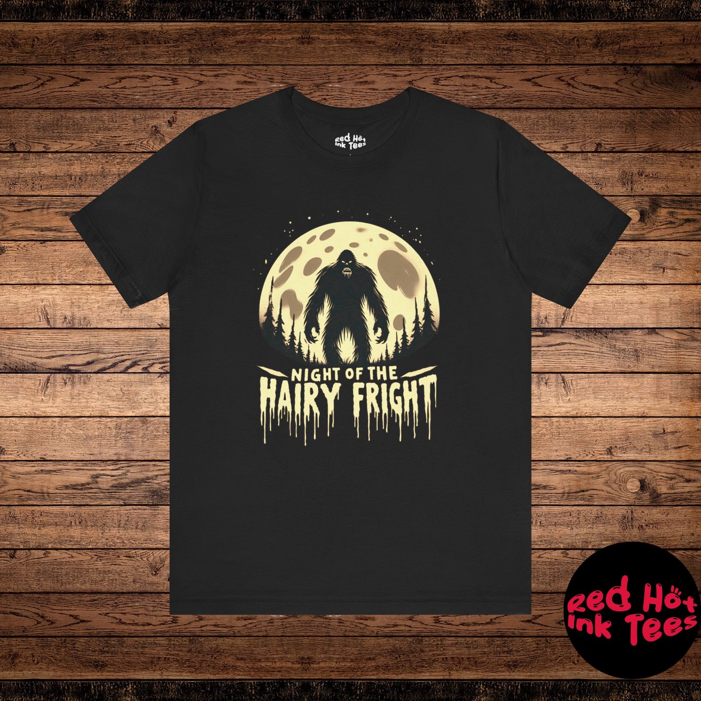 Spooky Halloween design featuring a menacing Bigfoot silhouette in front of a full moon with the phrase "Night of the Hairy Fright." Perfect for cryptid lovers and those who enjoy eerie Halloween aesthetics.