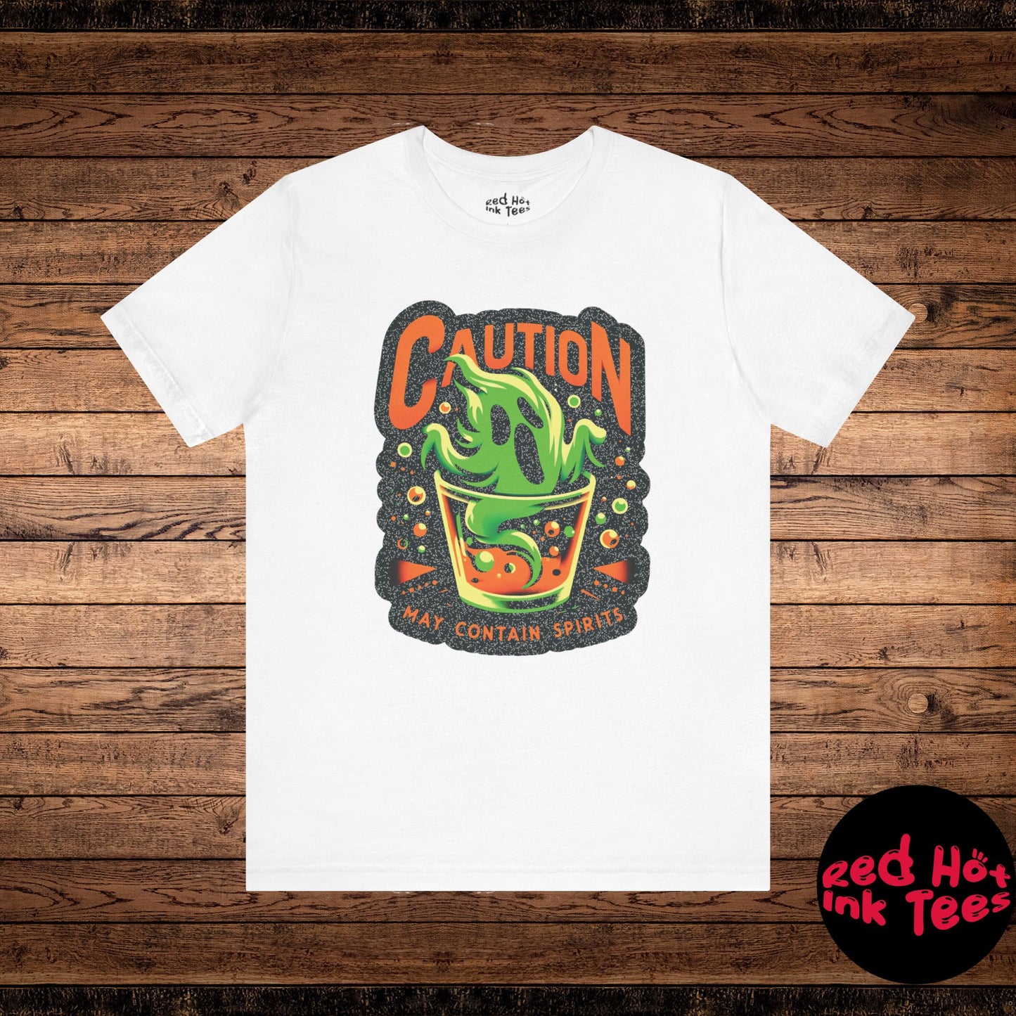 Caution: May Contain Spirits – a spooky tee with a playful twist! 🍹👻