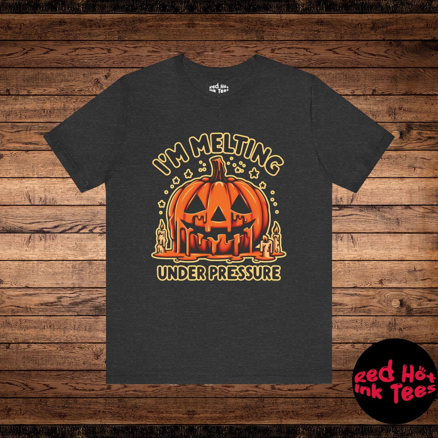 This humorous Halloween design features a melting jack-o'-lantern surrounded by candles, with the phrase "I'm Melting Under Pressure." Perfect for those who love a playful and lighthearted approach to the spooky season. Ideal for Halloween lovers who can relate to the feeling of being "under pressure."