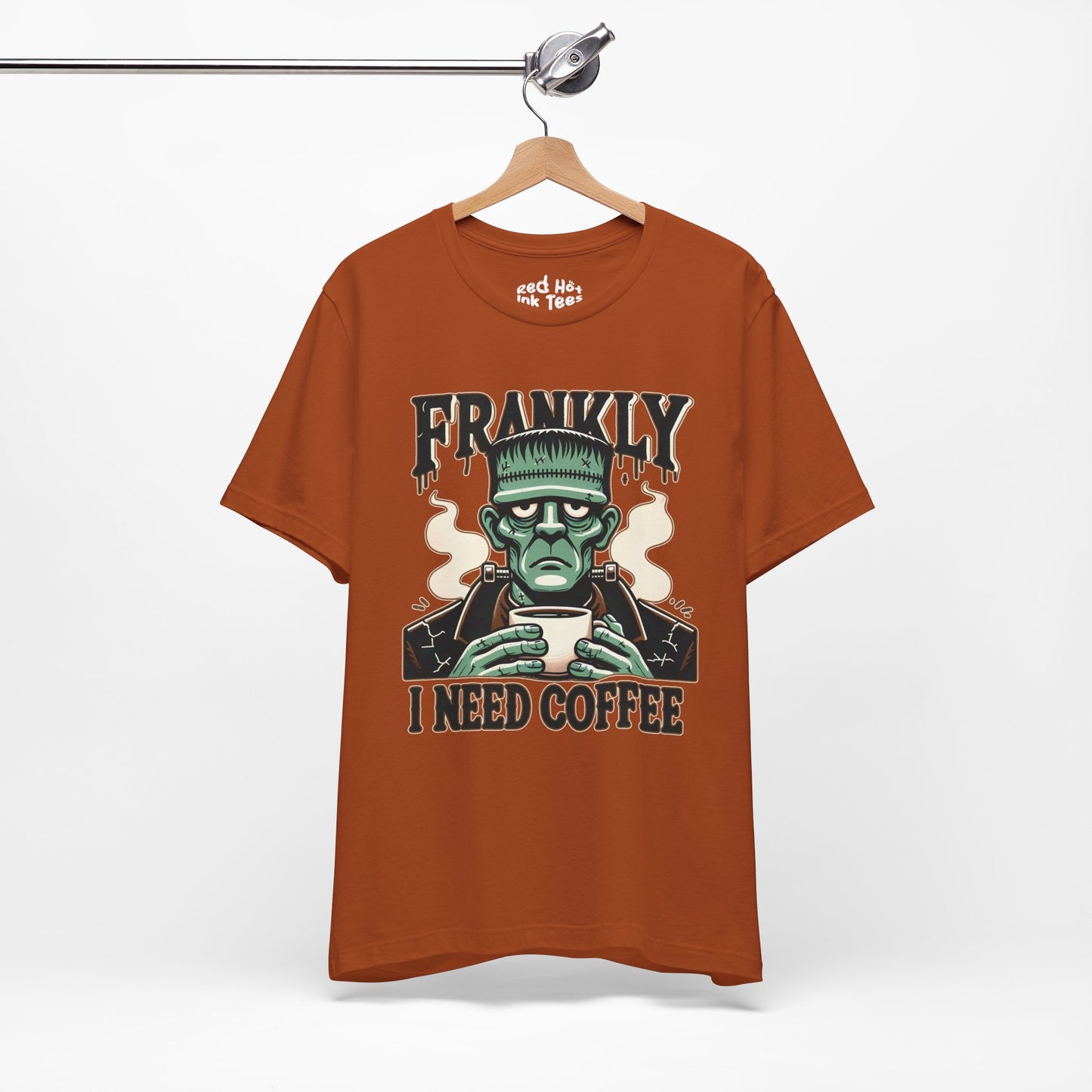 ☕ "Frankly, I Need Coffee" Funny Frankenstein Halloween T-Shirt 🧟‍♂️