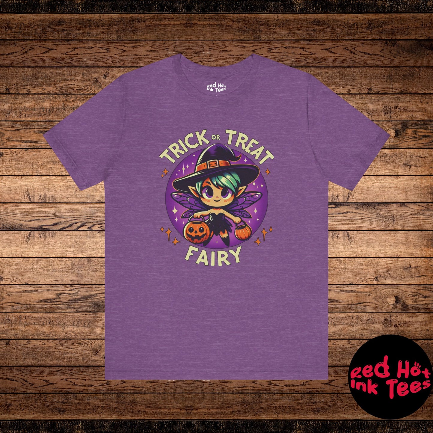 This adorable Halloween design features a cute fairy dressed in a witch hat and holding jack-o'-lanterns, ready for trick-or-treating. Perfect for fans of magical creatures and those who enjoy a playful and cute take on Halloween festivities. Ideal for festive apparel or decorations.