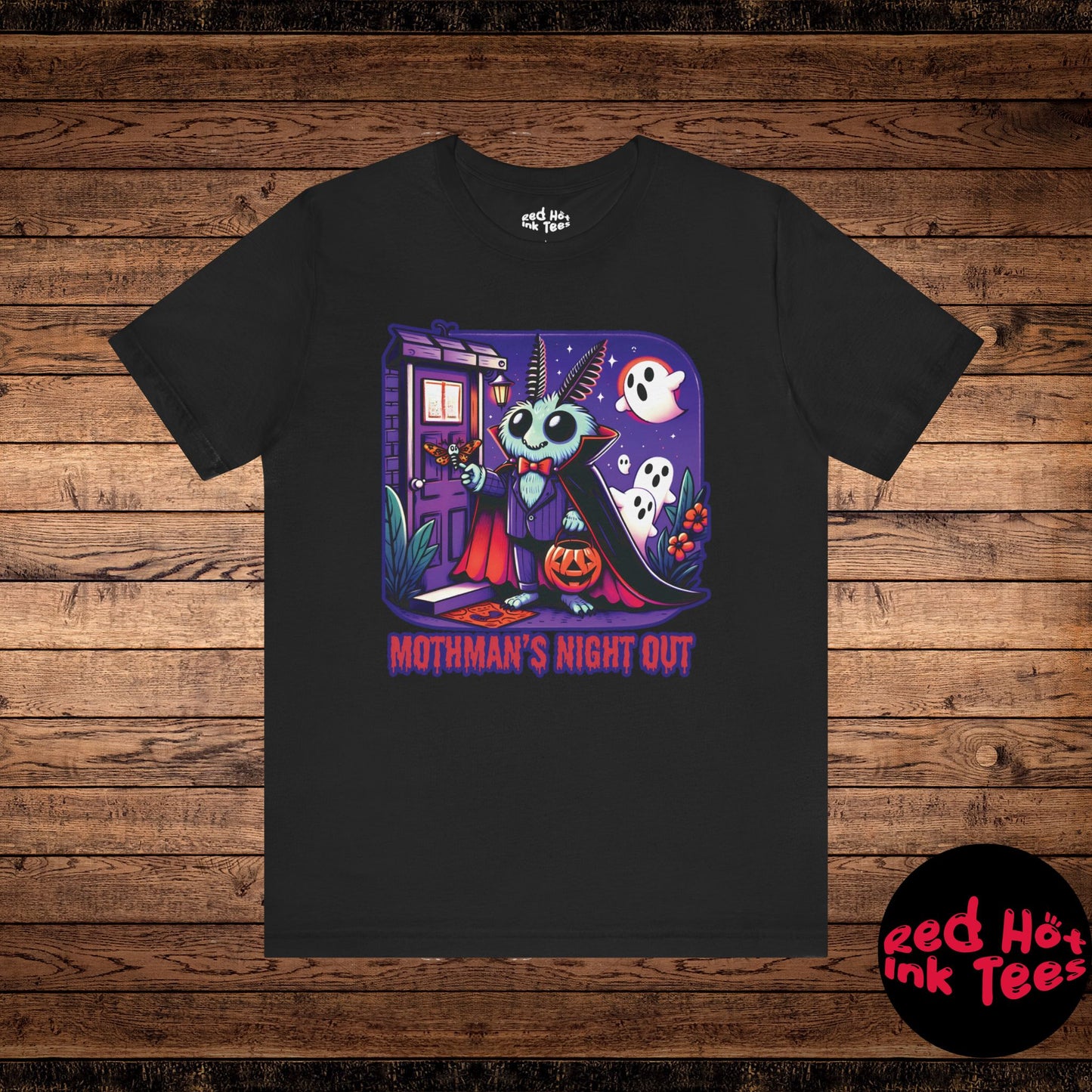 Adorable Halloween design featuring Mothman dressed up for a night of trick-or-treating, carrying a jack-o'-lantern candy bucket and surrounded by ghosts. Perfect for fans of cute cryptids and spooky Halloween fun.