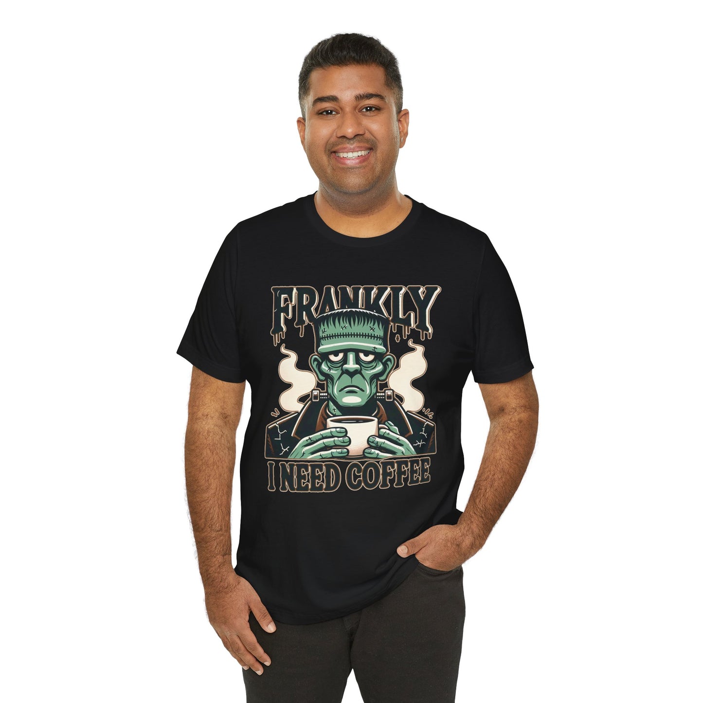 ☕ "Frankly, I Need Coffee" Funny Frankenstein Halloween T-Shirt 🧟‍♂️