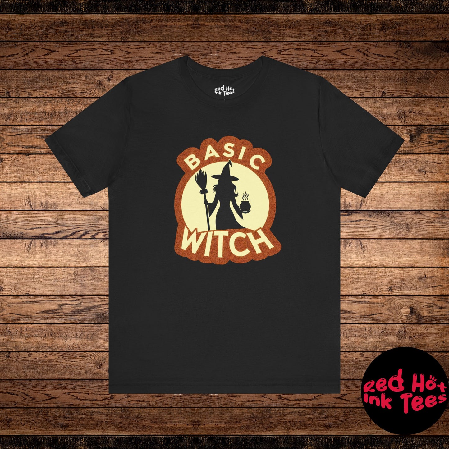 Funny Halloween design featuring the silhouette of a witch holding a broomstick and a steaming coffee cup with the phrase "Basic Witch." Perfect for coffee-loving witches and those who enjoy a playful take on spooky season.