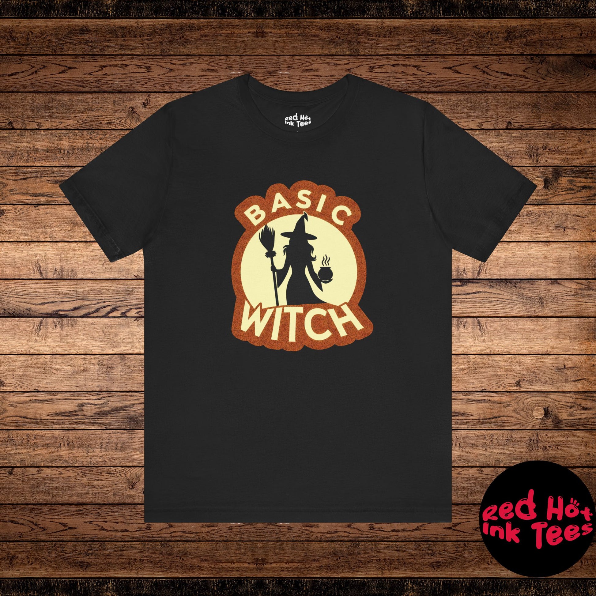 Funny Halloween design featuring the silhouette of a witch holding a broomstick and a steaming coffee cup with the phrase "Basic Witch." Perfect for coffee-loving witches and those who enjoy a playful take on spooky season.