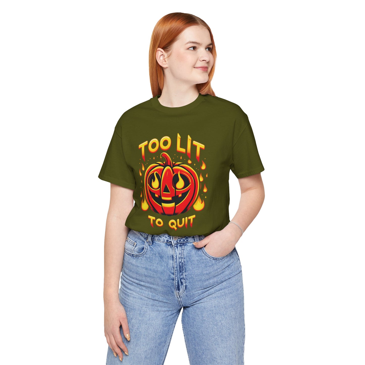 🎃🔥 "Too Lit to Quit" Fiery Jack-O'-Lantern Halloween T-Shirt 🔥🎃