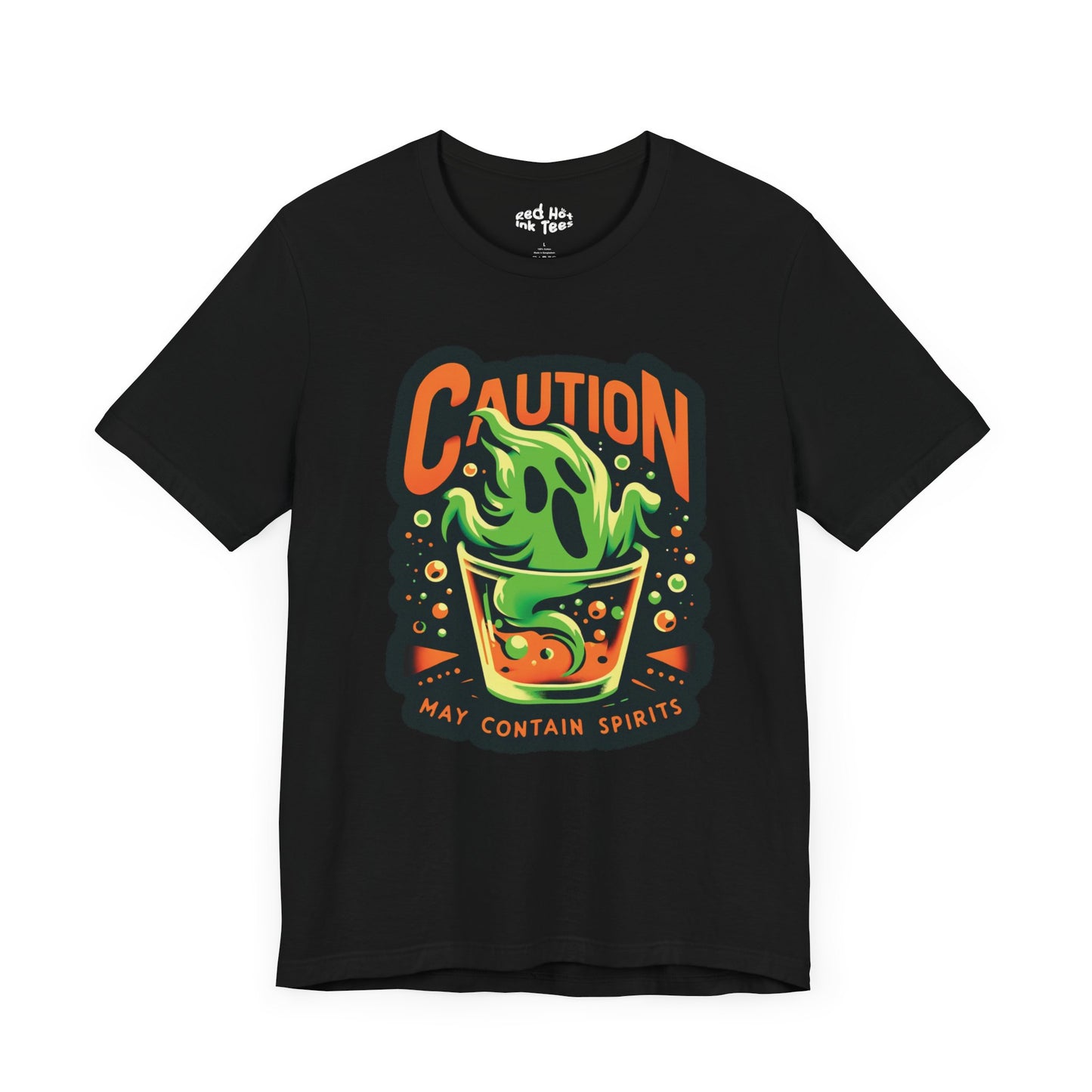 Caution: May Contain Spirits – a spooky tee with a playful twist! 🍹👻