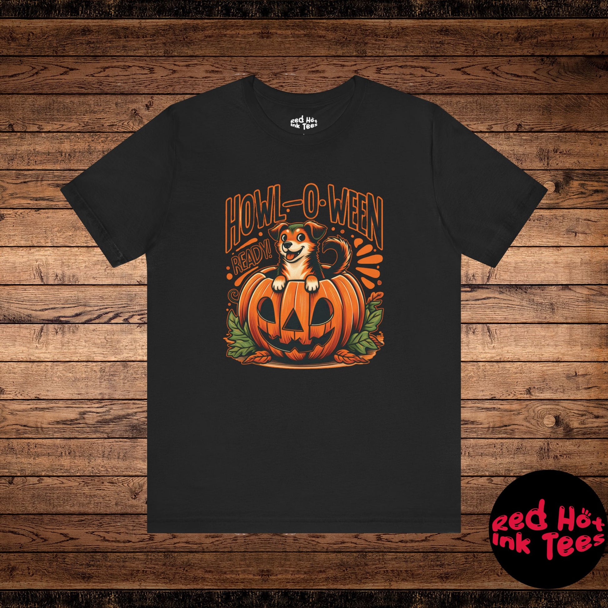 This playful Halloween design features a cute dog popping out of a jack-o'-lantern with the phrase "Howl-O-Ween Ready!" Perfect for dog lovers who enjoy celebrating the spooky season with their furry friends. Ideal for festive apparel and decorations during Halloween.