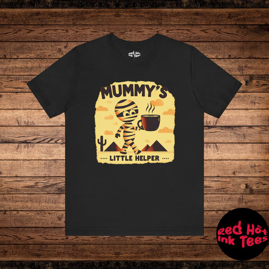 A cute and humorous Halloween design featuring an adorable mummy carrying a steaming cup of coffee, with the phrase "Mummy's Little Helper." Perfect for coffee-loving Halloween enthusiasts, this quirky design adds a fun and spooky touch to any Halloween-themed product.