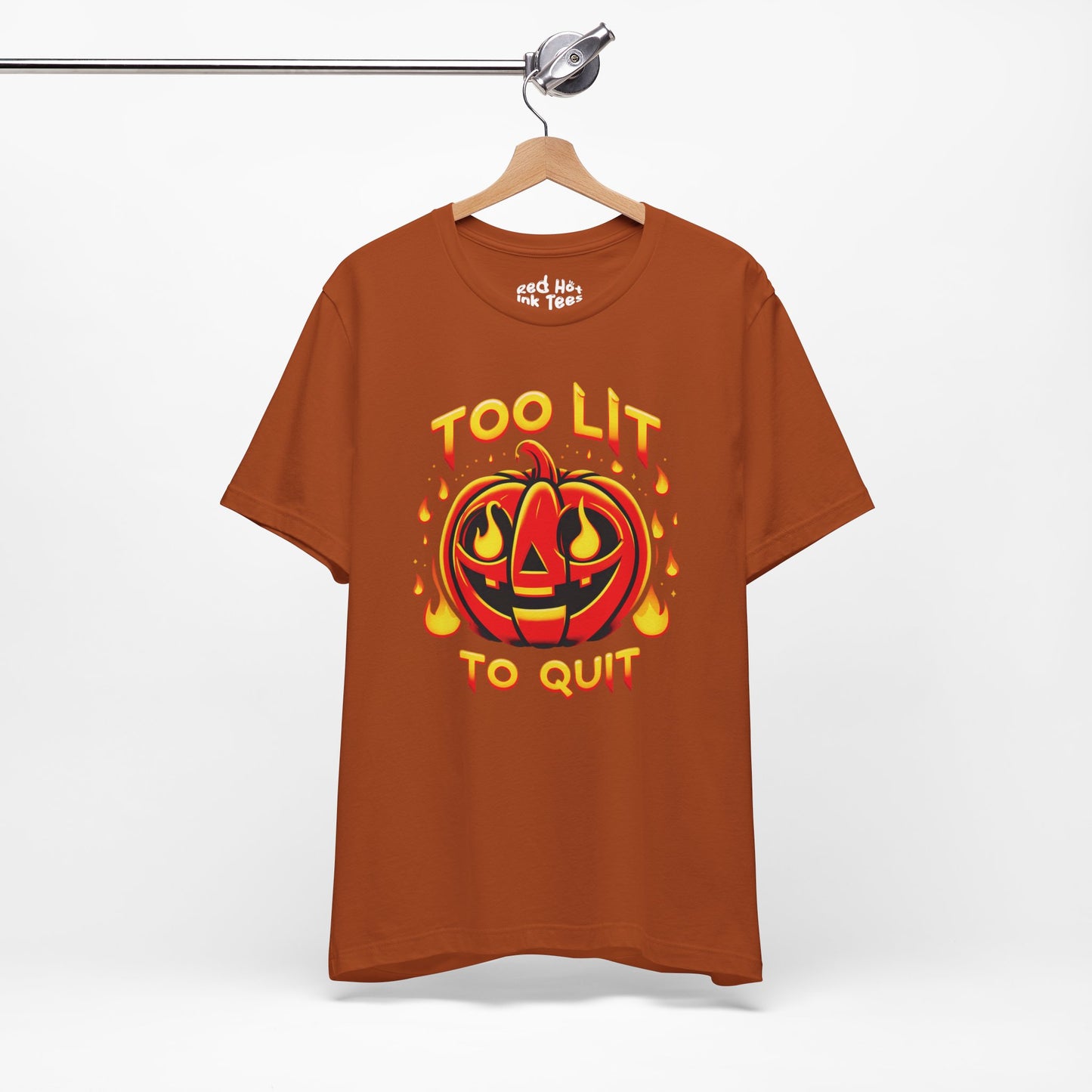 🎃🔥 "Too Lit to Quit" Fiery Jack-O'-Lantern Halloween T-Shirt 🔥🎃