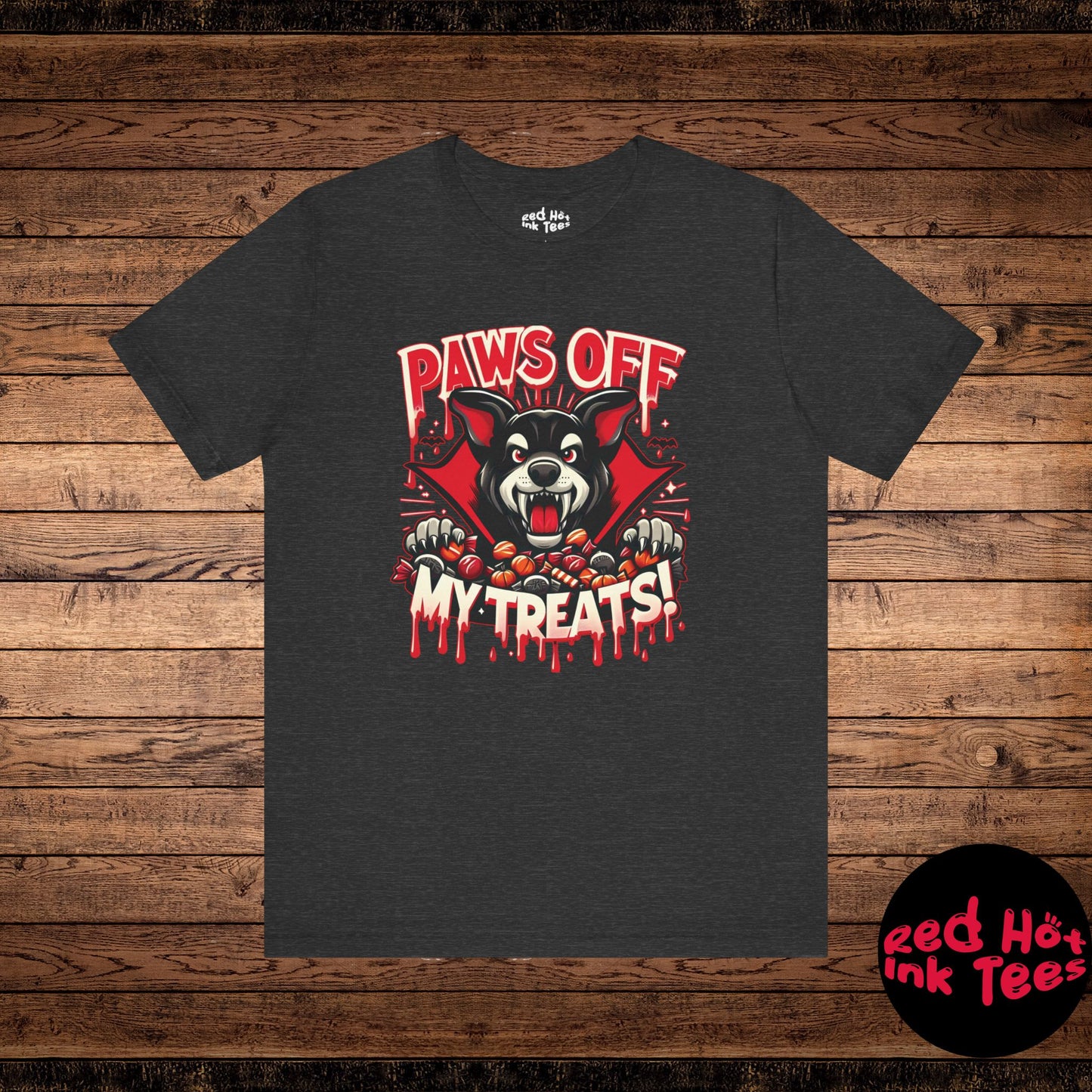 This fierce and playful Halloween design features a dog dressed as a vampire, guarding a pile of candy with the phrase "Paws Off My Treats!" Perfect for dog lovers and Halloween enthusiasts who enjoy a spooky yet fun twist. Ideal for festive apparel or trick-or-treat candy bags.