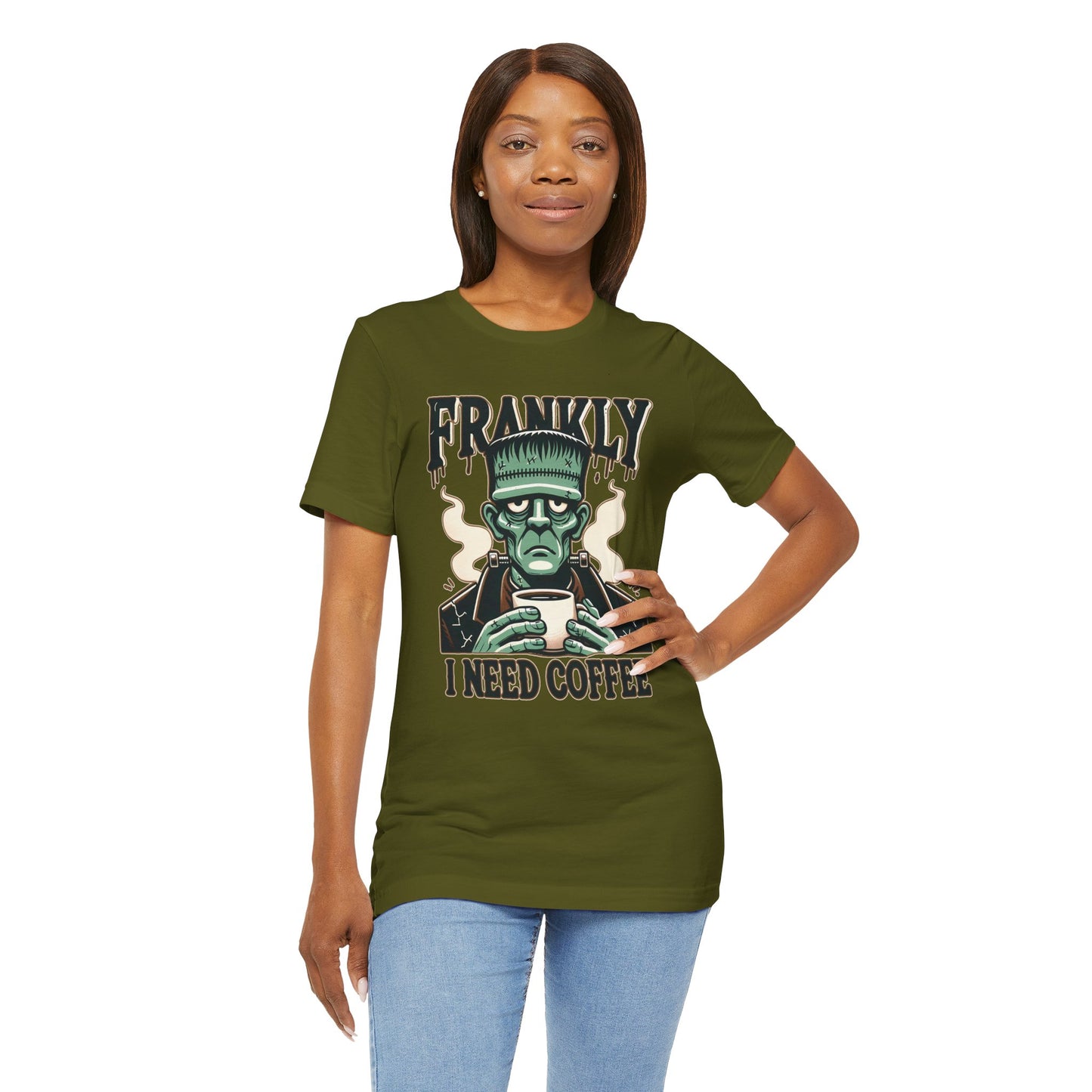 ☕ "Frankly, I Need Coffee" Funny Frankenstein Halloween T-Shirt 🧟‍♂️