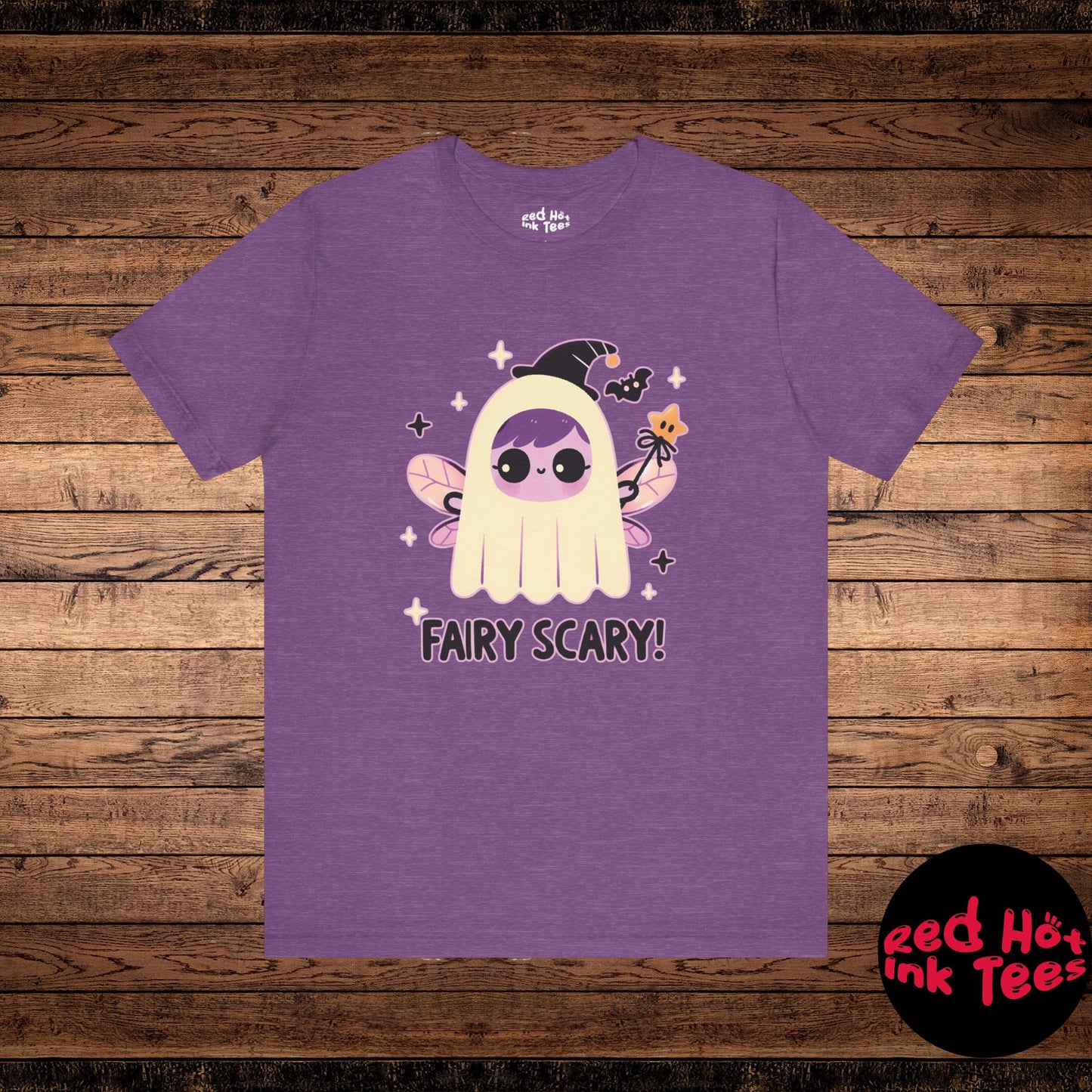 This adorable Halloween design features a cute fairy dressed as a ghost, holding a star wand with playful, spooky elements like bats and sparkles. Perfect for those who love cute and whimsical Halloween themes, it’s ideal for festive apparel or trick-or-treating fun.