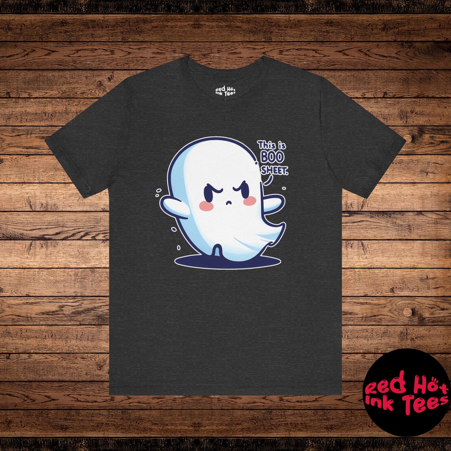 Hilarious Halloween cartoon design featuring a cute yet angry ghost with the punny phrase "This is Boo Sheet." Perfect for ghost lovers, Halloween humor, and spooky season decorations.