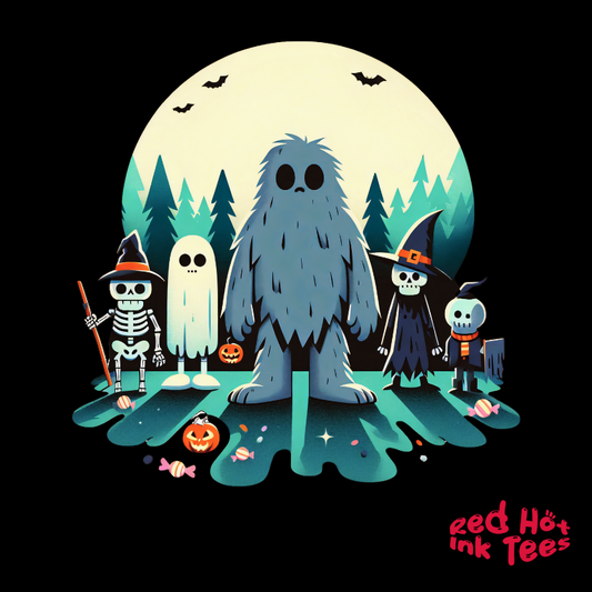 🦶🌕 "Bigfoot and Friends" Spooky Halloween Forest T-Shirt 🎃👻